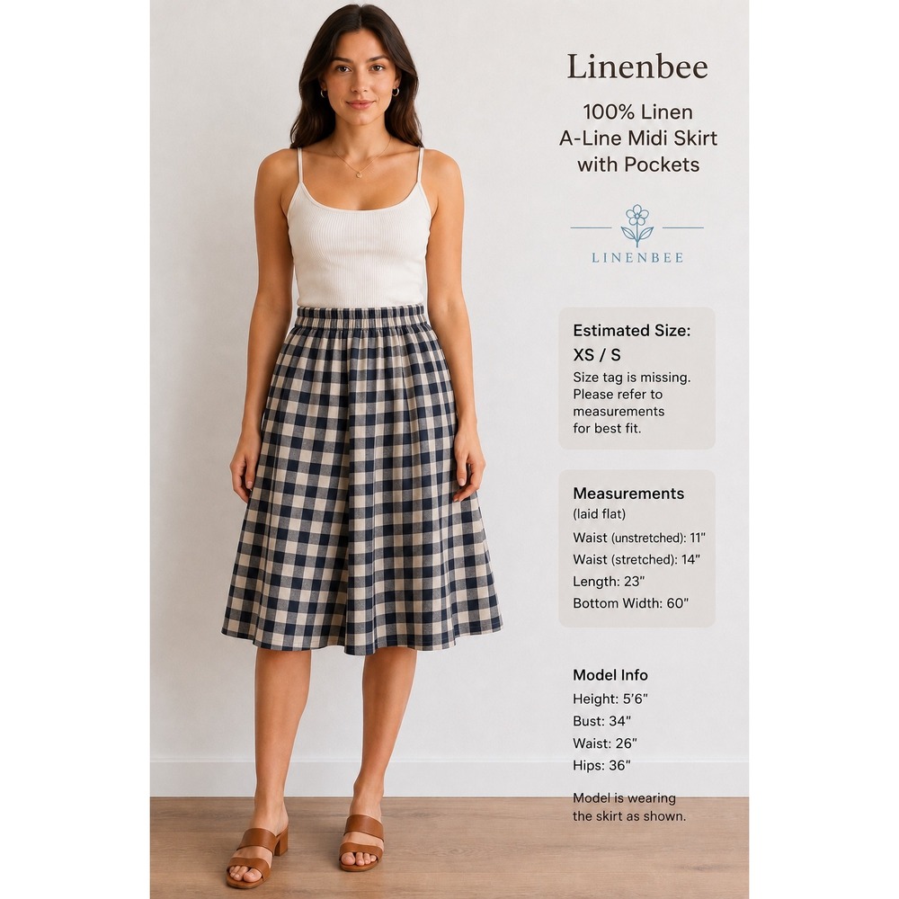 Linenbee 100% Linen Gingham Midi Skirt Navy XS Small Cottagecore Boho Minimalist